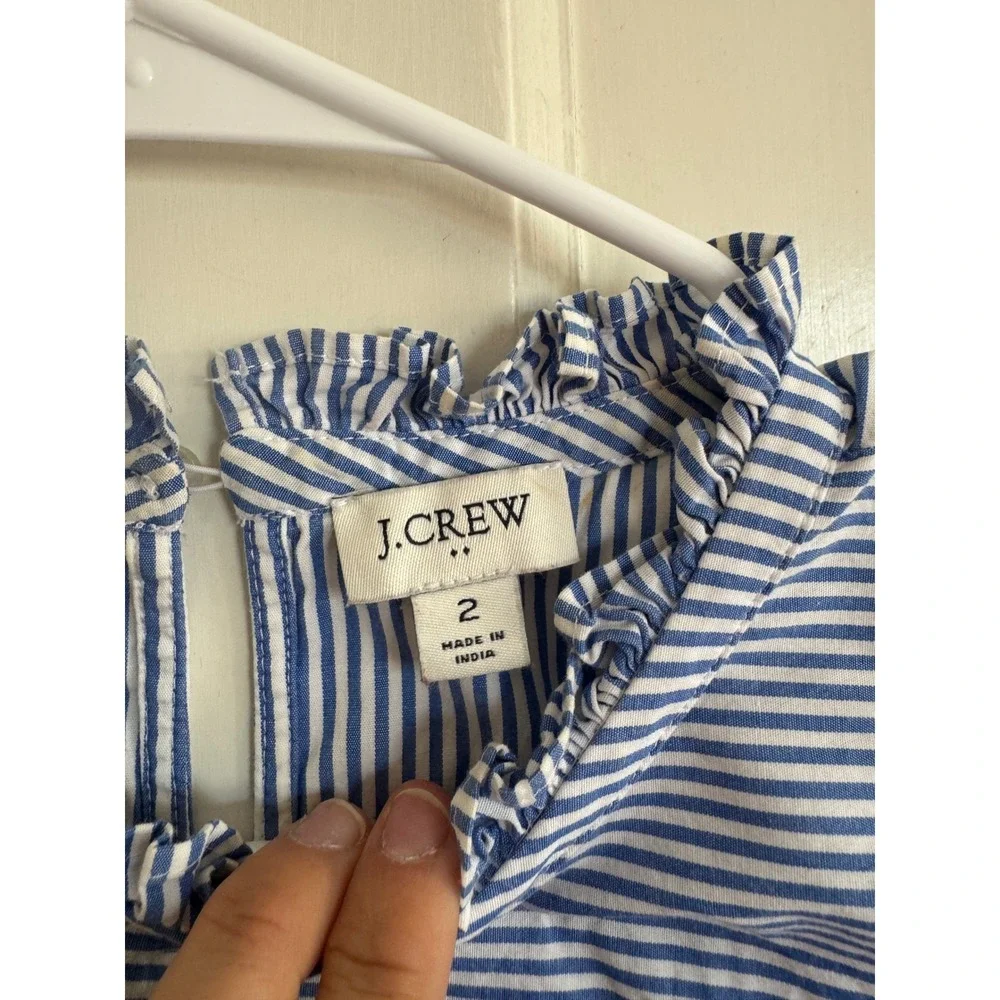 J.Crew Blue Striped Ruffleneck shirred top in cotton poplin size 2 - Picture 3 of 7